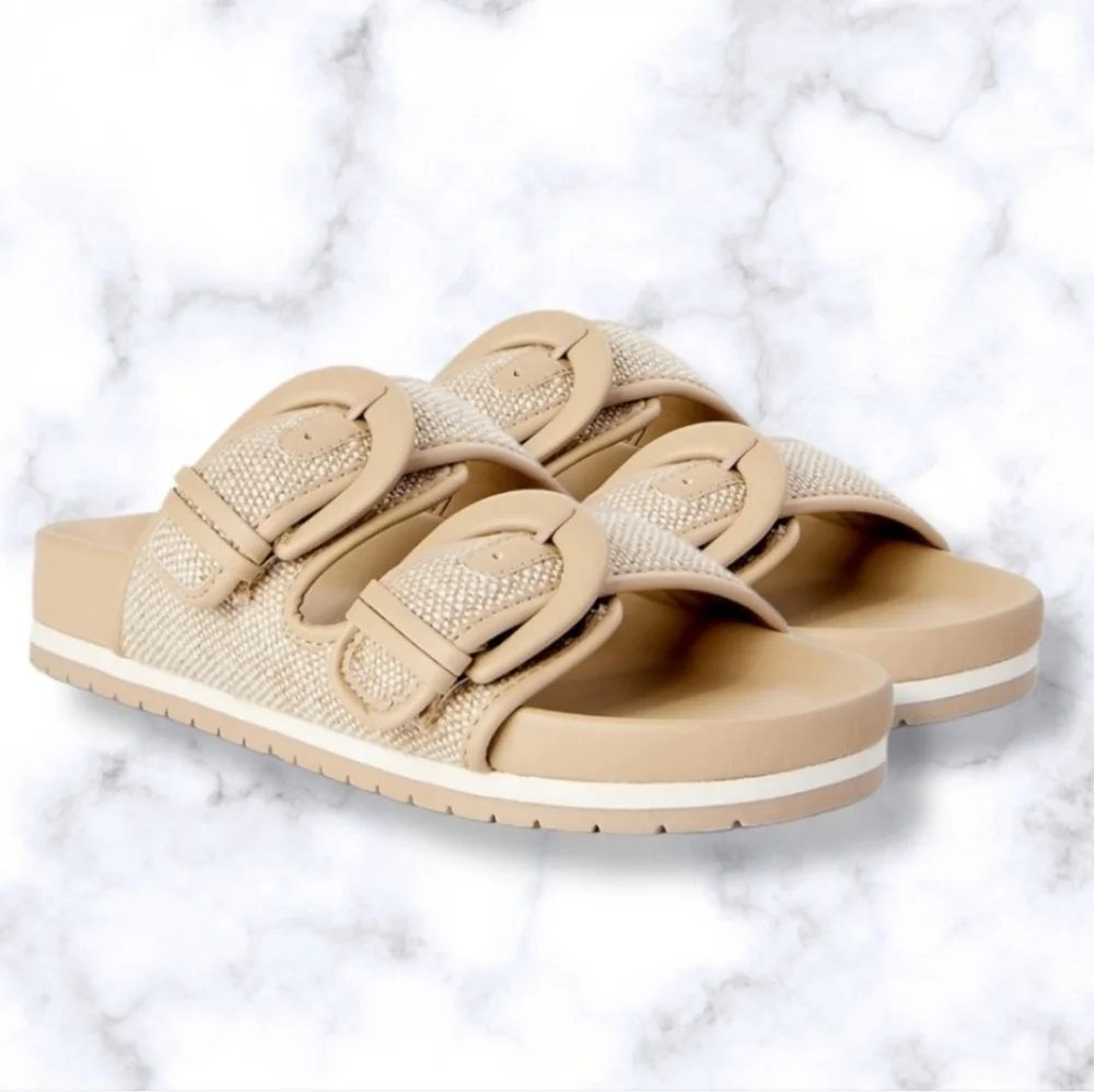 #466 New Women's Footbed Slides Sandals Flats Khaki Cream White Size 11 Shoes - Picture 6 of 6